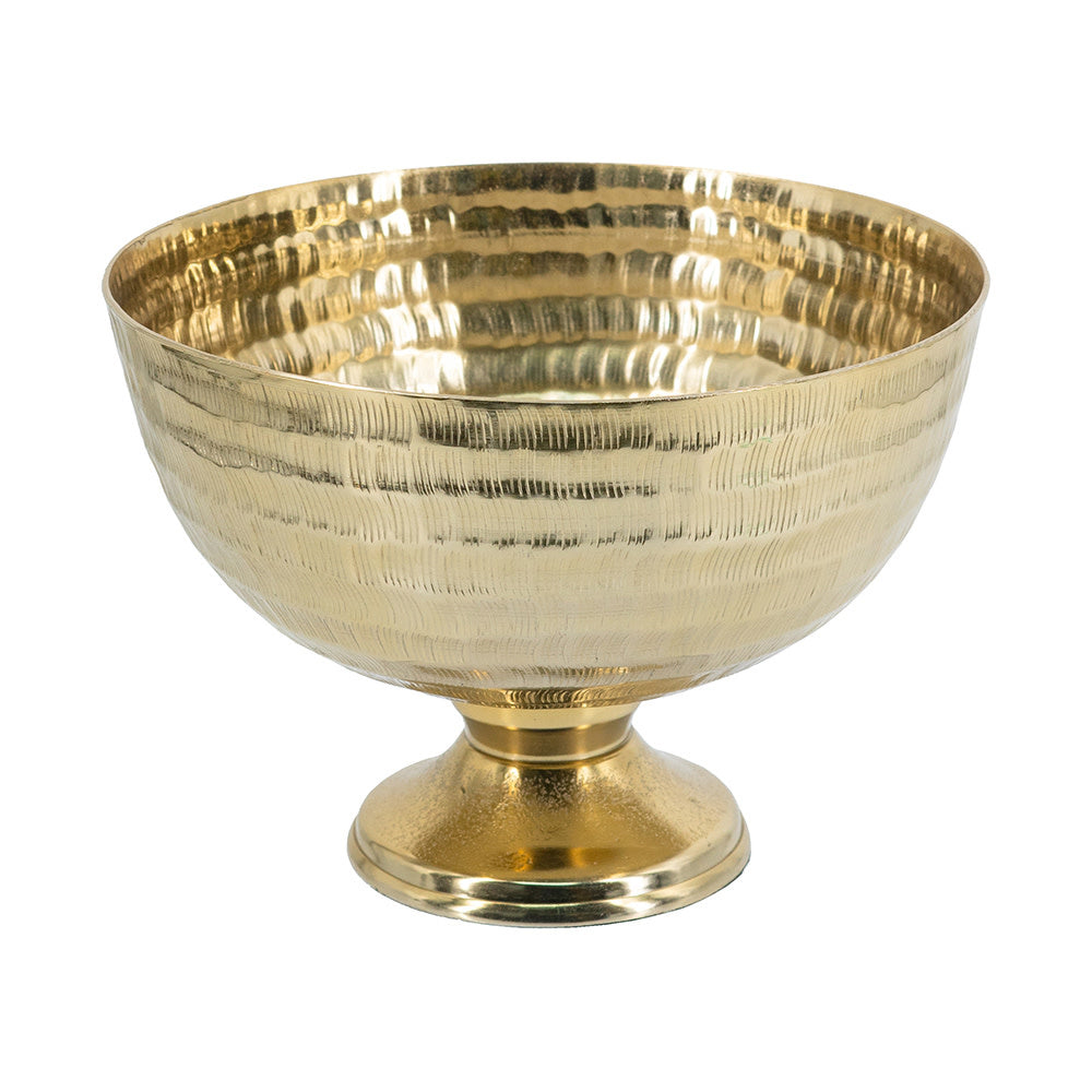 Gold aluminum pedestal bowl with intricate textured motif on a modern stand.