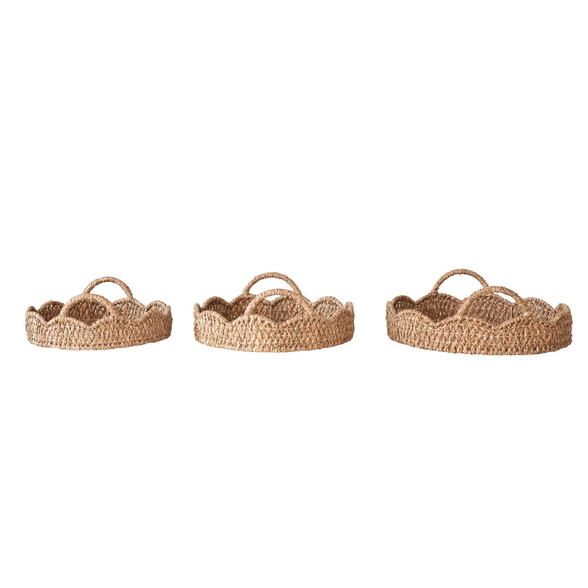 Braided Bankuan rattan tray with scalloped edge and handles in natural tones