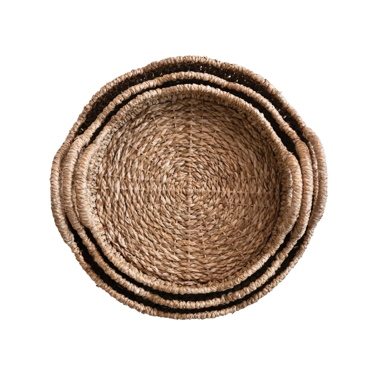 Braided bankuan and rattan tray with scalloped edge and handles in natural tones