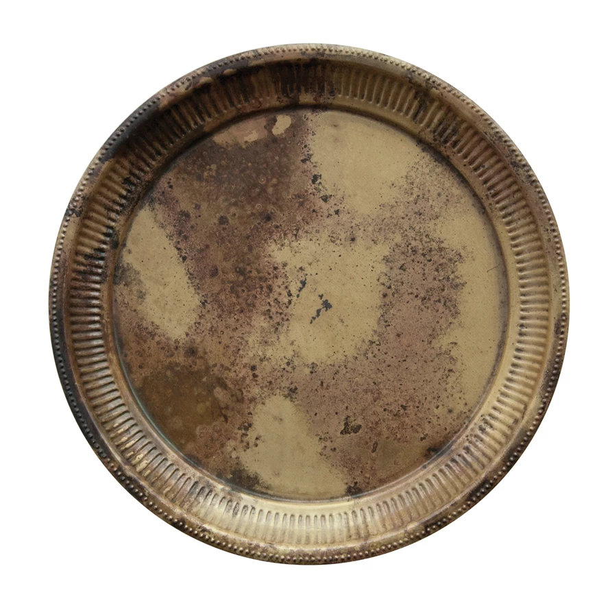 Square burnt brass metal tray with debossed textured pattern