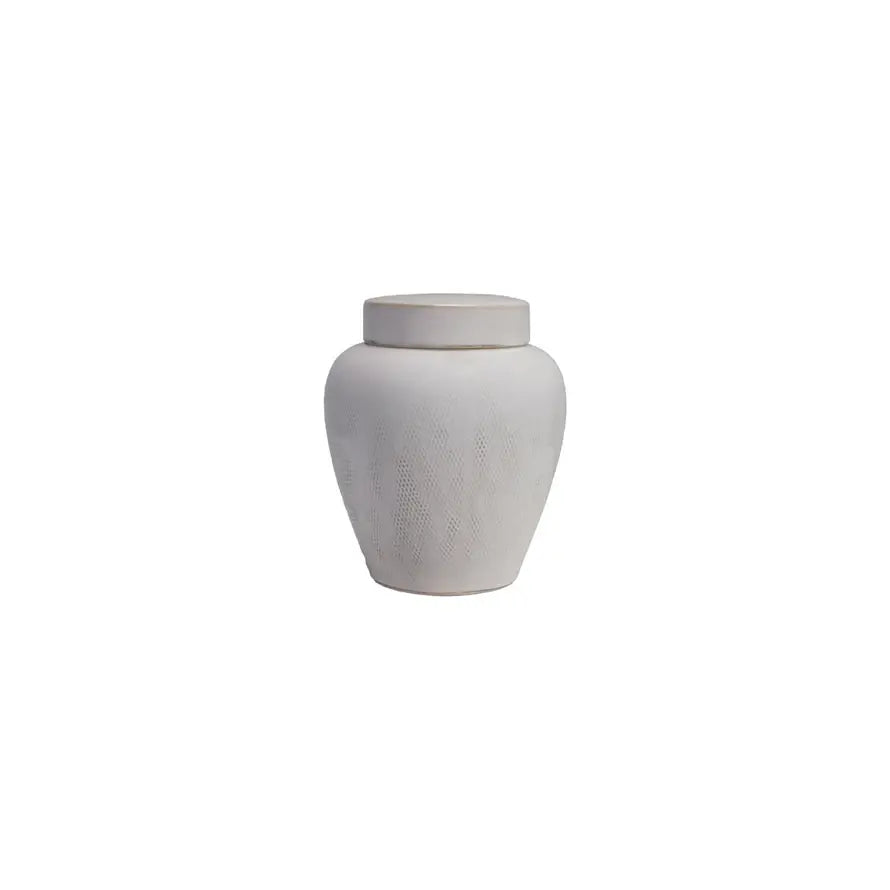 Round stoneware ginger jar with lid featuring debossed geometric pattern in neutral tone