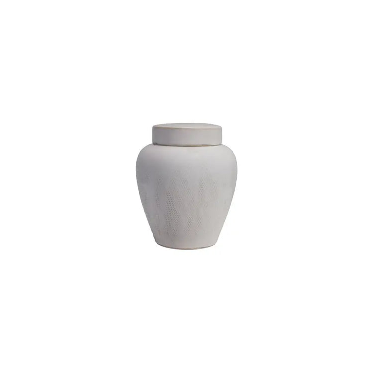 Round stoneware ginger jar with lid featuring debossed geometric pattern in neutral tone