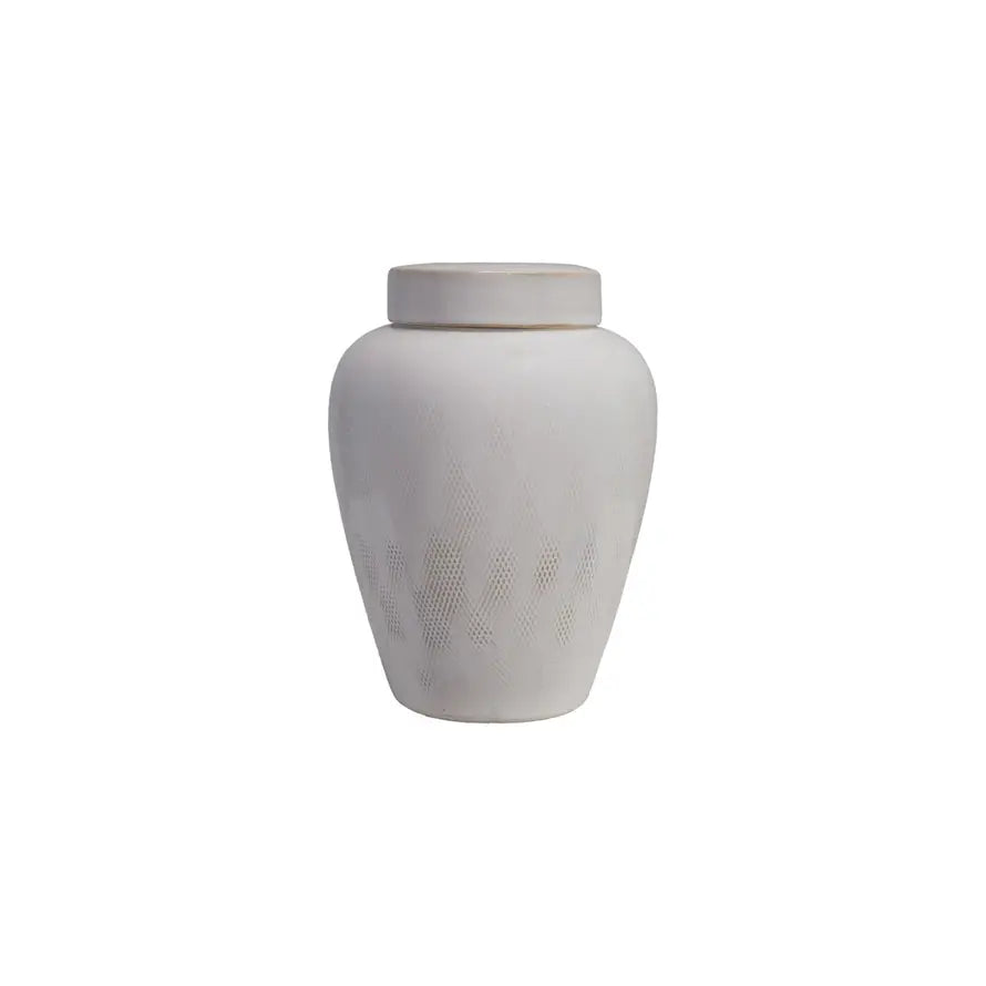 Round stoneware ginger jar with lid featuring debossed geometric patterns in a neutral earth tone.