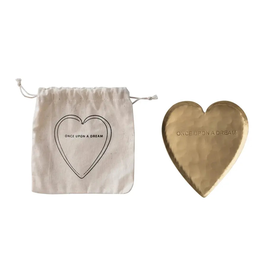 Hammered brass heart-shaped dish with carved 'once upon a dream' text