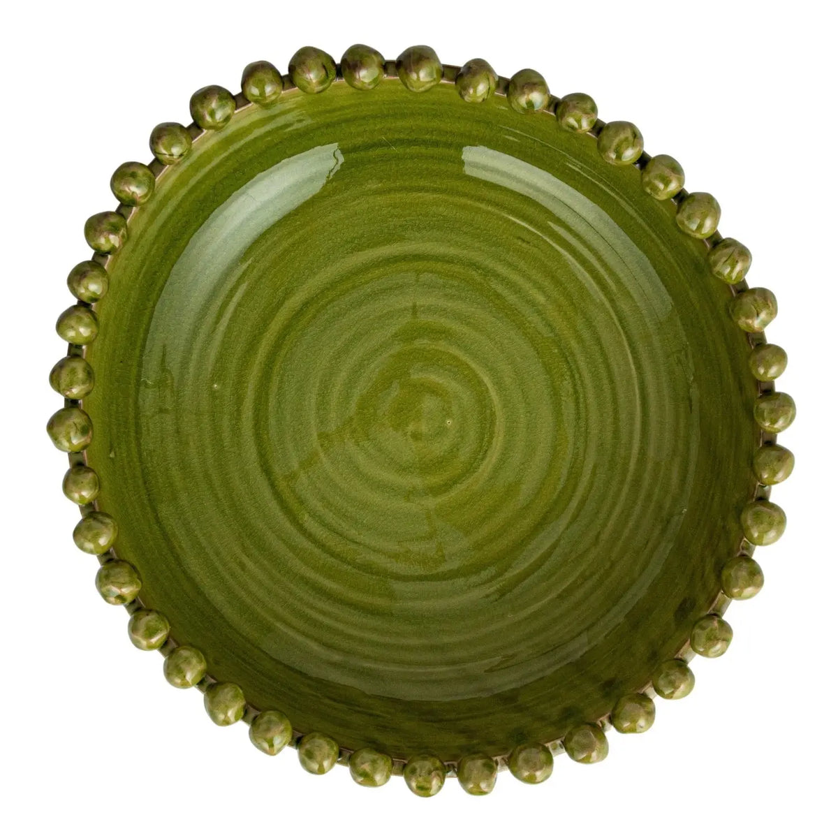 Round handmade terra-cotta bowl with reactive glaze finish featuring a hobnail textured rim edge.