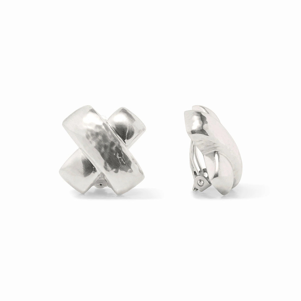 Pair of silver X-shaped clip-on earrings with a hammered texture finish.
