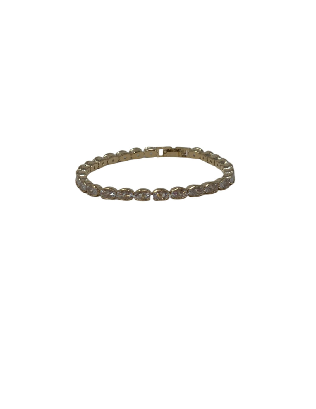 Gold bracelet featuring a continuous row of oval-cut crystals with a secure clasp closure.