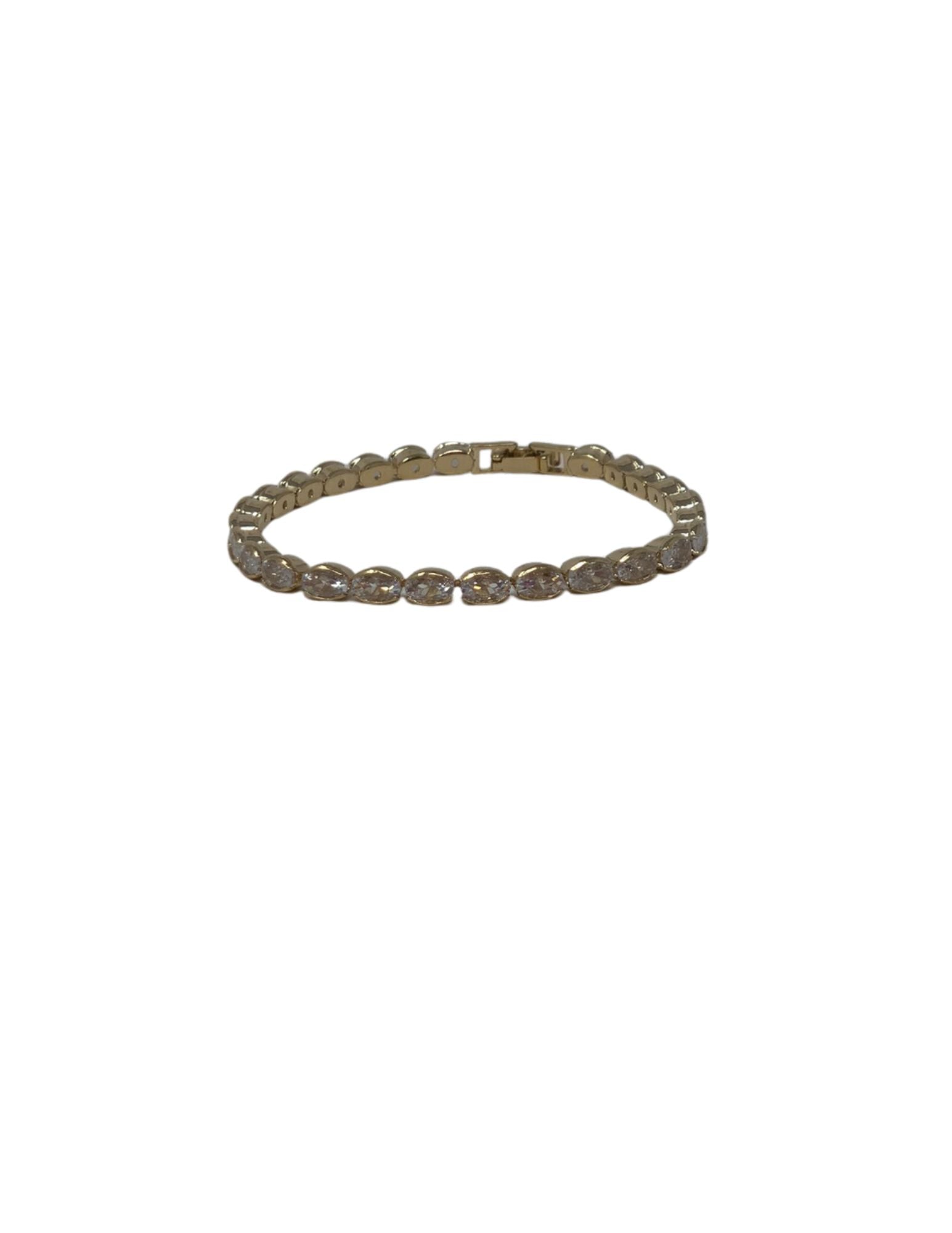 Gold bracelet featuring a continuous row of oval-cut crystals with a secure clasp closure.