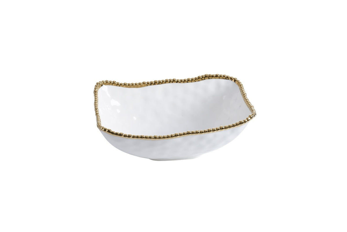 Deep serving bowl in white porcelain with lustrous gold titanium beads.