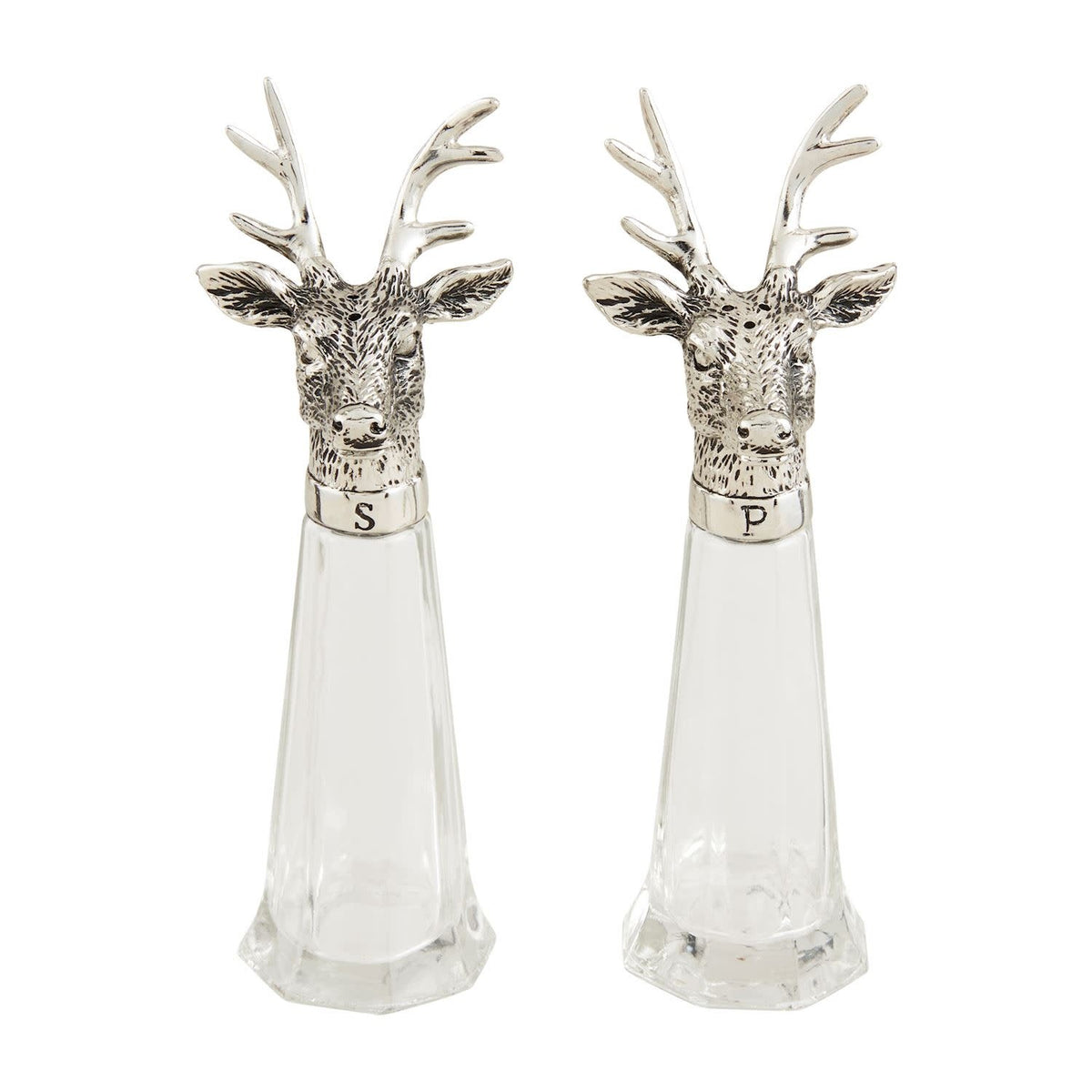 Glass salt and pepper shakers with cast aluminum deer toppers.