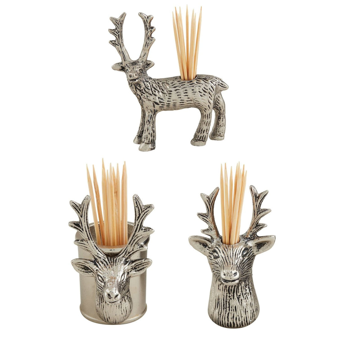 Cast aluminum deer-shaped toothpick caddy with wooden picks