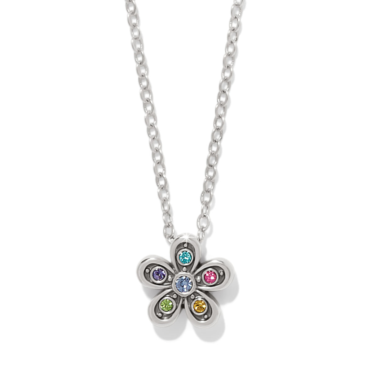 Silver plated adjustable necklace with a pendant featuring fine quality crystal flowers.