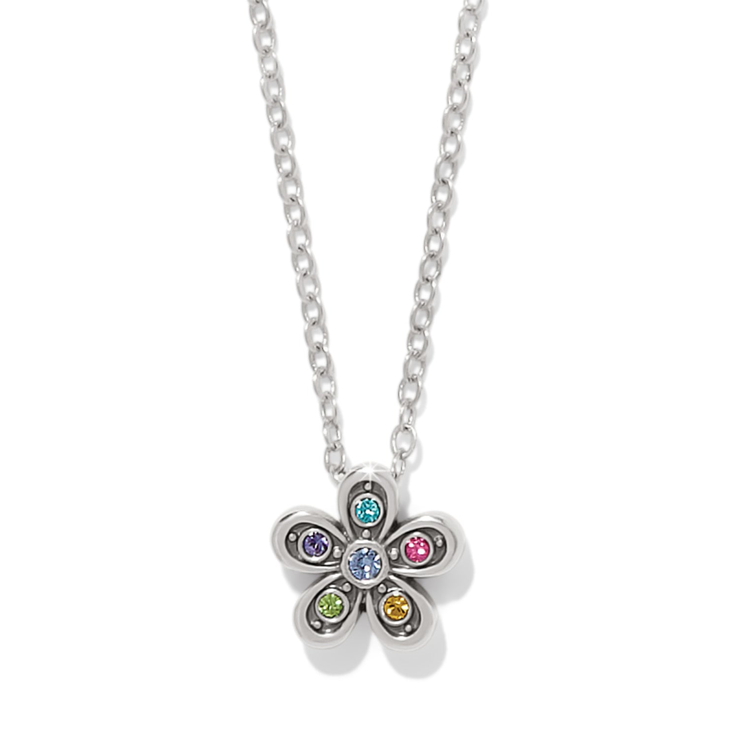 Silver plated adjustable necklace with a pendant featuring fine quality crystal flowers.