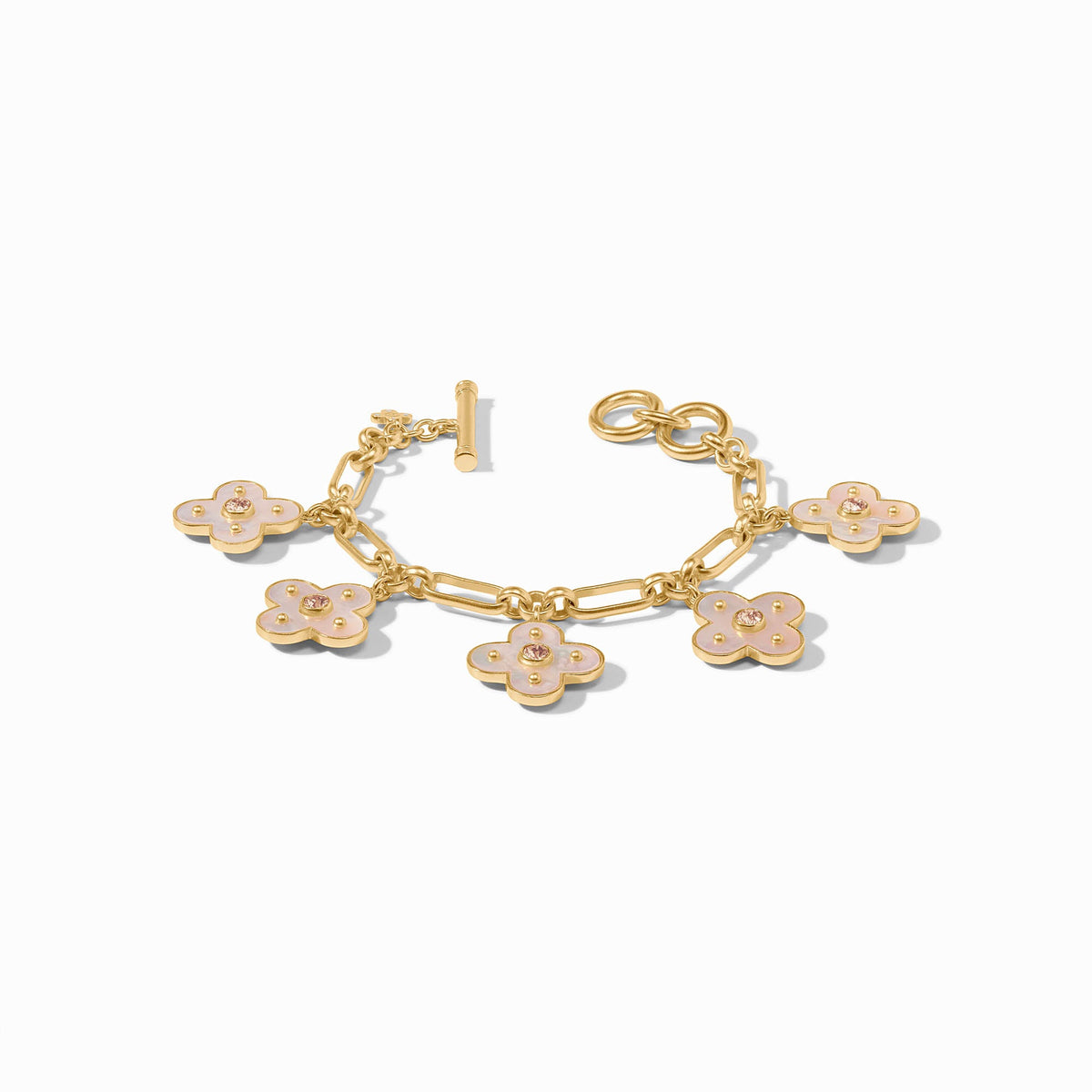 Colette charm bracelet featuring a toggle clasp with mother-of-pearl accents and clear cubic zirconia stones on a gold-tone chain.