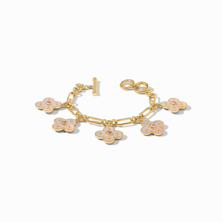 Colette charm bracelet featuring a toggle clasp with mother-of-pearl accents and clear cubic zirconia stones on a gold-tone chain.