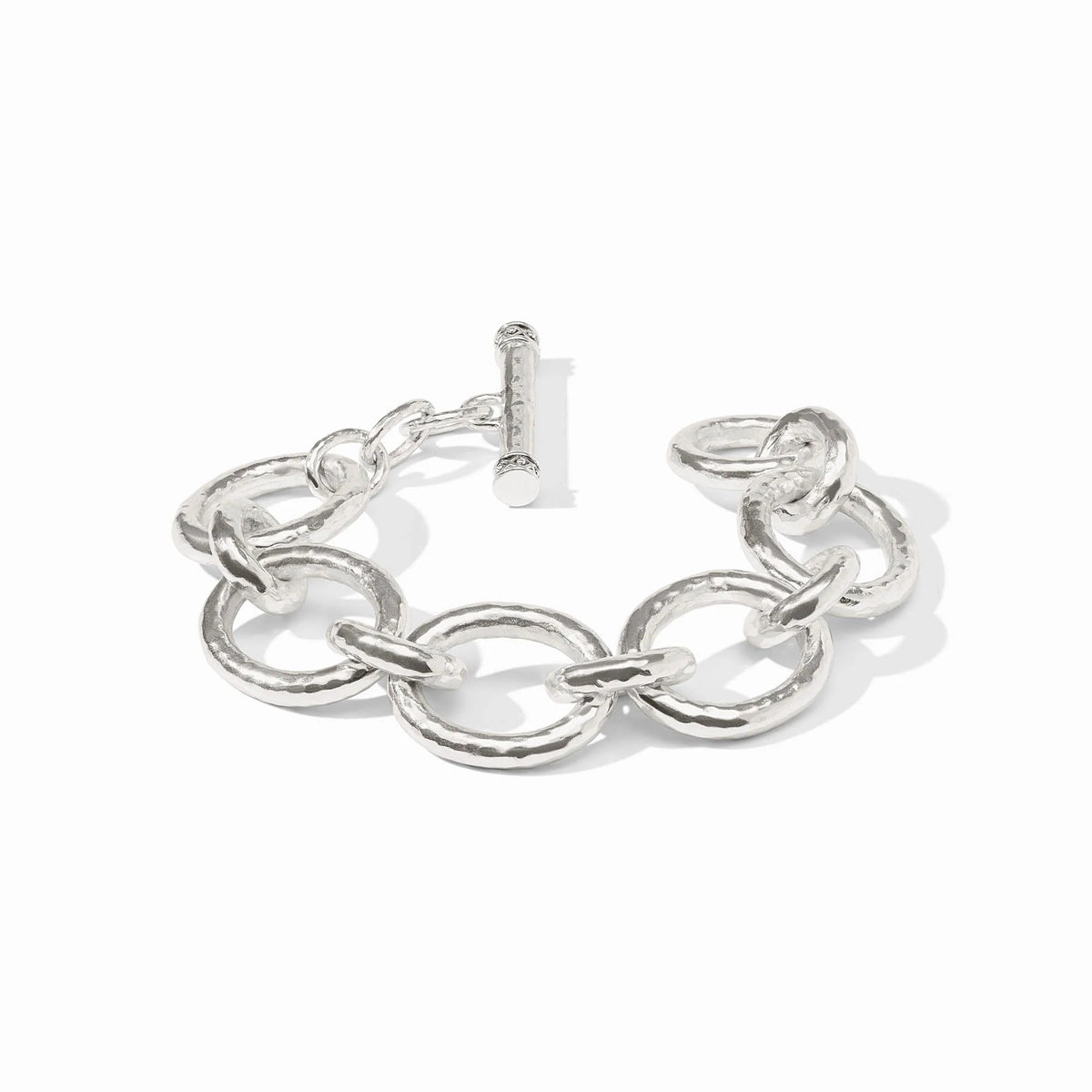 Catalina Link Bracelet in silver featuring hammered circular links and a toggle clasp.