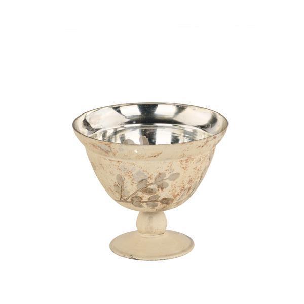 6 inch diameter metallic etched round compote in antique cream with a floral leaf design.
