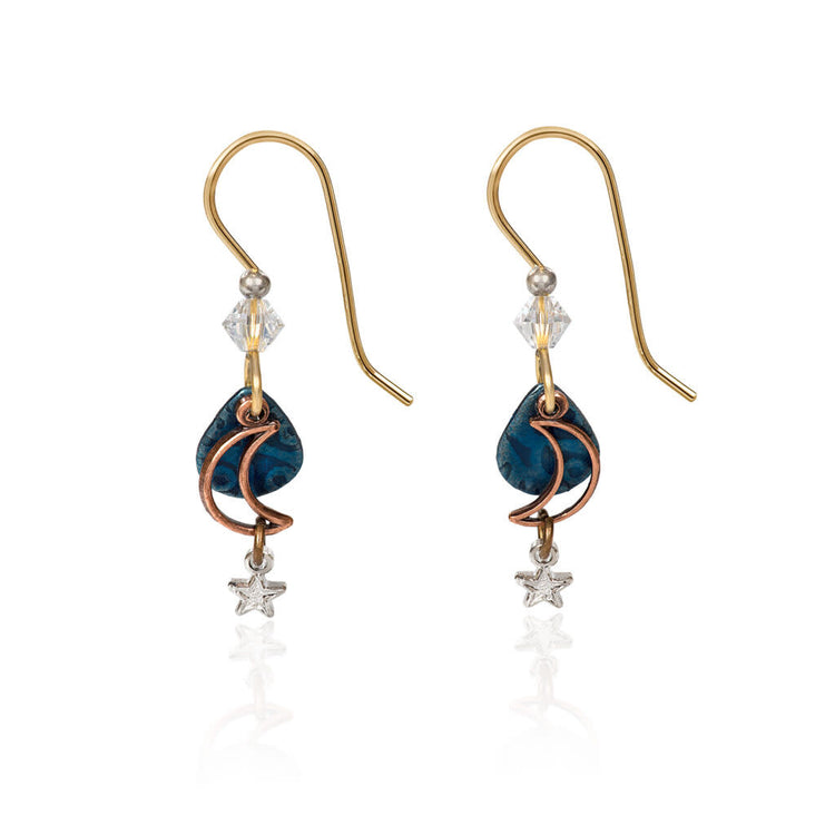 Delicate Sky Cascade earrings featuring semi-precious stones, glass beads, crystal accents on raw brass with textured disks.