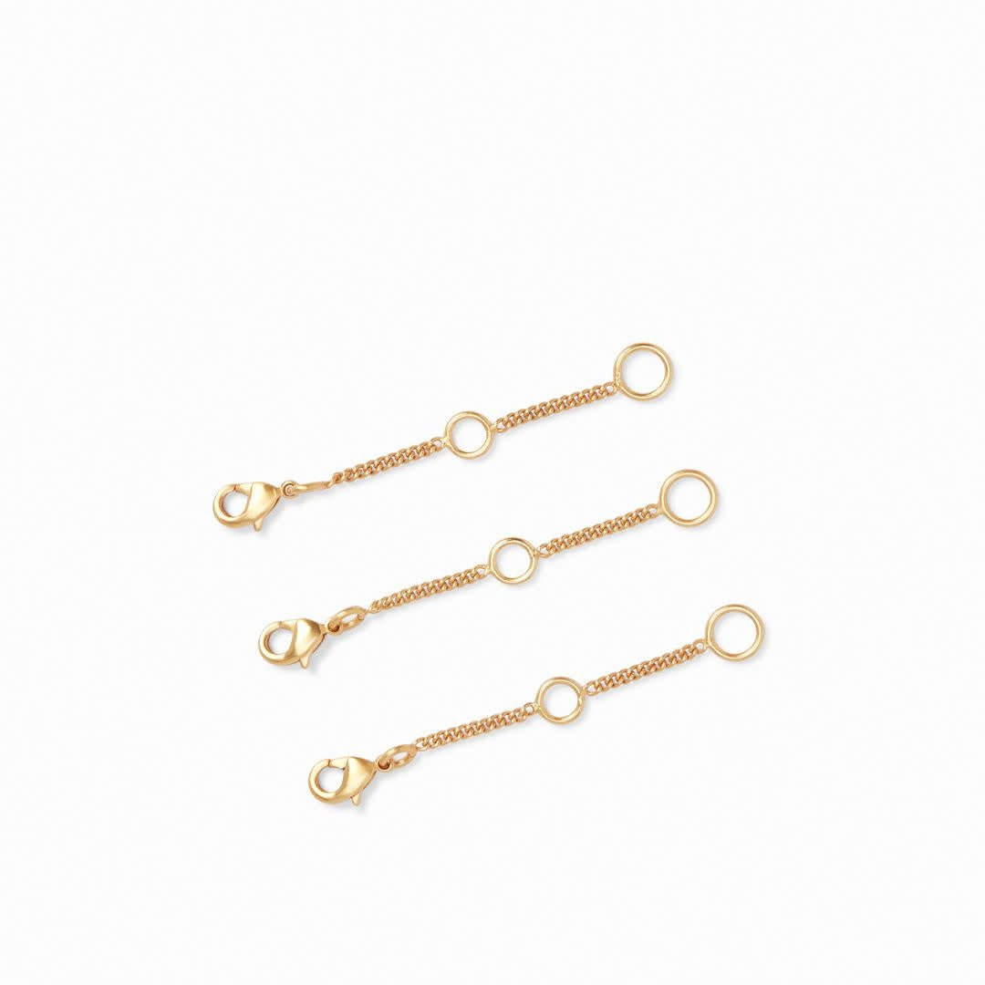 Three gold-plated delicate necklace extenders displayed on a white background.