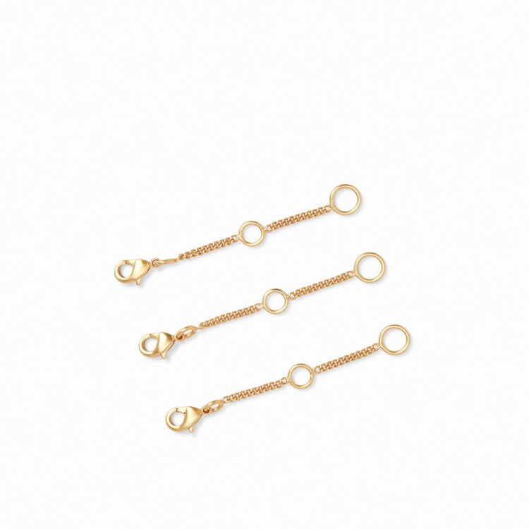 Three gold-plated delicate necklace extenders displayed on a white background.