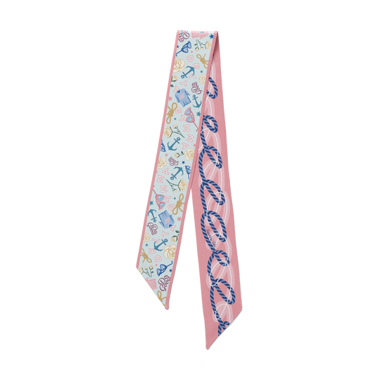 Skinny silk twill scarf in Delta Gamma colors with a subtle pattern.