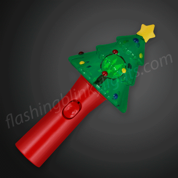 Deluxe Christmas tree wand with red, green, and blue spinning LED lights inside a colorful shell.