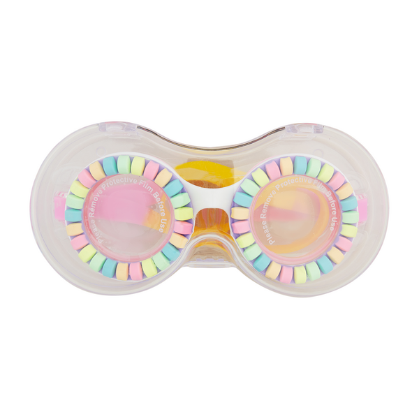 Plastic swim goggles with a clear lens designed for ages three and up.