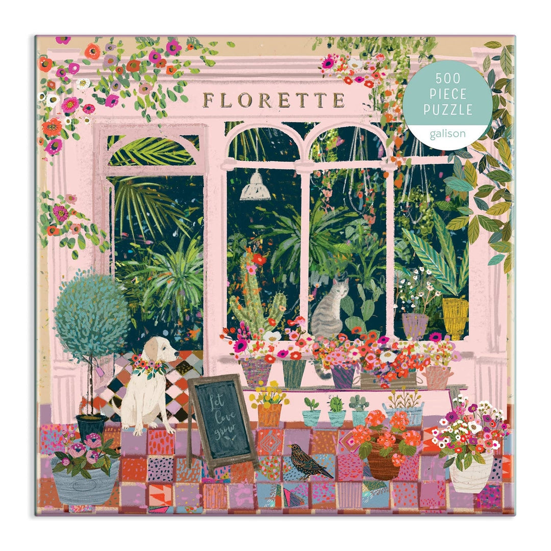 Florette 500 piece puzzle featuring a dog and cat in a flower shop window with colorful tiles.