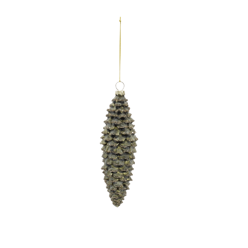 Glittery glass pine cone ornament in a dark bronze finish with a gold hanging string.