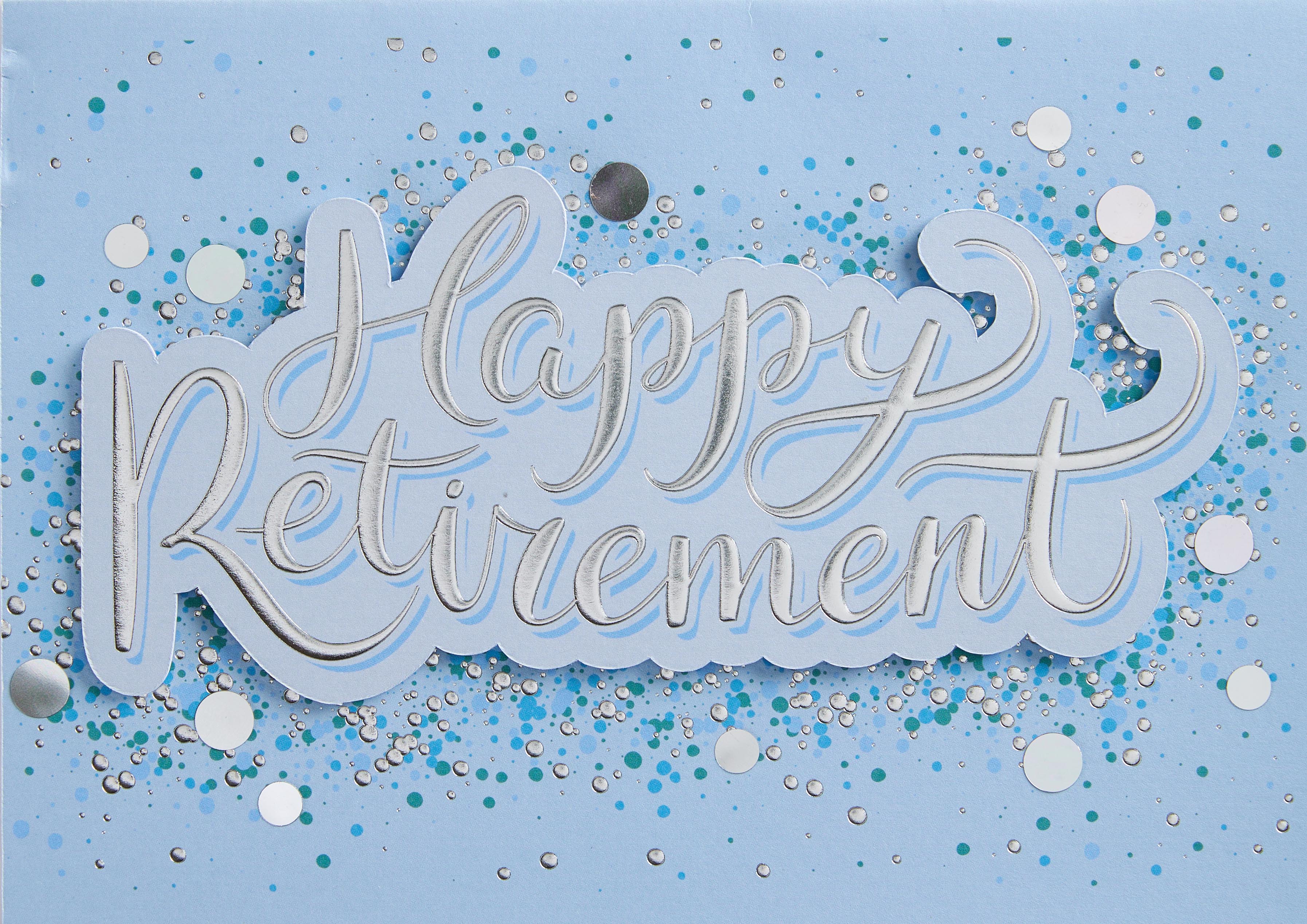 Happy Retirement greeting card with embossed die-cut attachment and silver sequin embellishments.