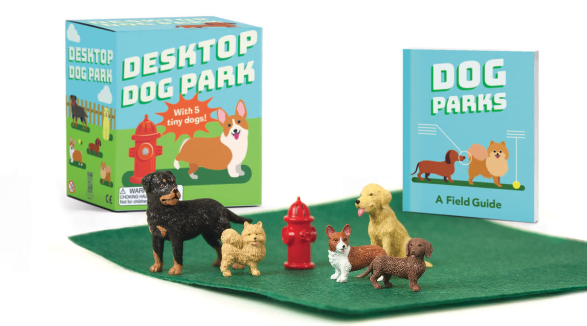Desktop Dog Park kit with five resin dogs on a felt lawn scene.
