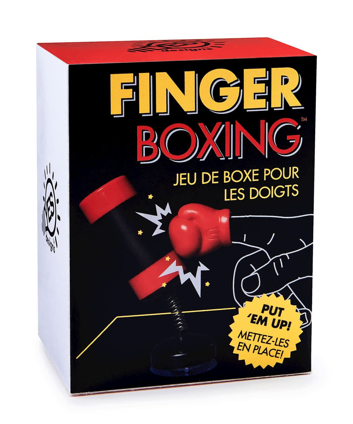 Desktop finger boxing game set with suction cup stand and two mini gloves on plastic bag