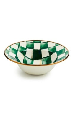Emerald Check Breakfast Bowl with a green and white hand-painted checkered pattern and gold rim.