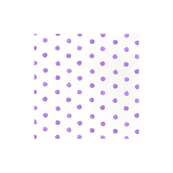 White Papersoft dinner napkin with a purple hand-painted polka dot pattern.