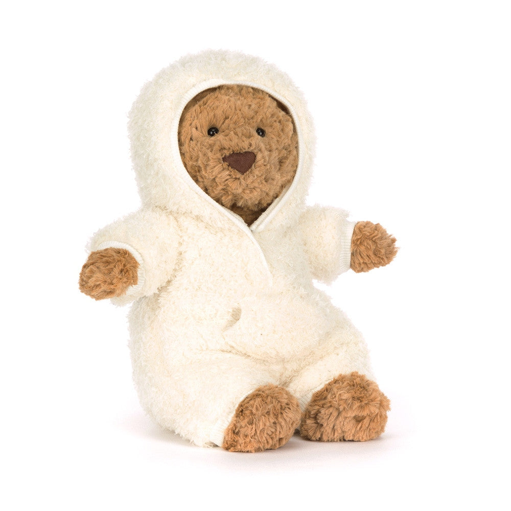 Bartholomew Bear plush toy in a removable all-in-one outfit with hard eyes and polyester filling.