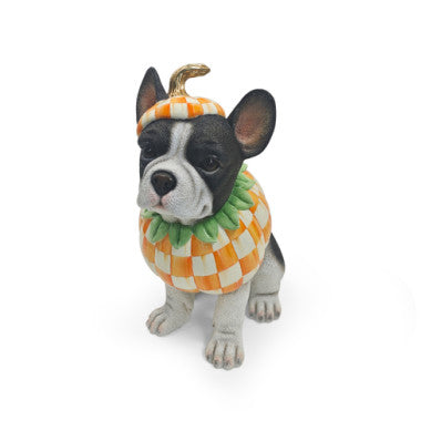 Black ceramic figurine of a French Bulldog wearing an orange pumpkin costume with black cat ears.