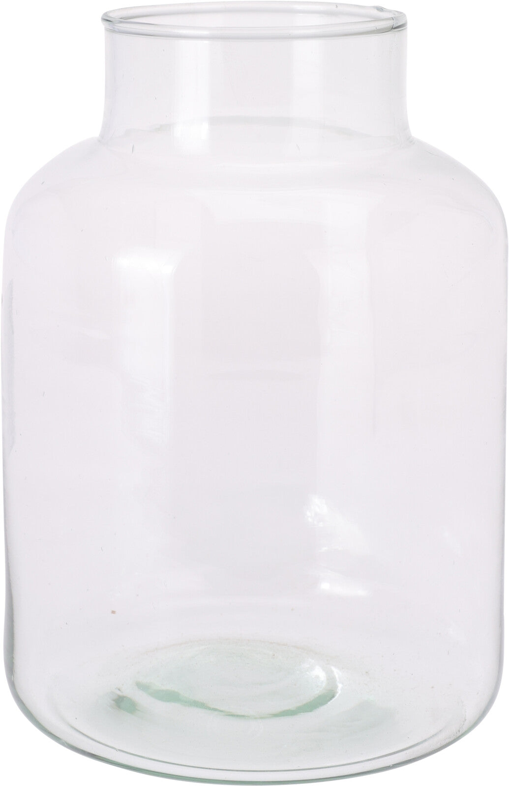 Clear recycled glass vase with a wide cylindrical body and narrow neck, 140x200mm.