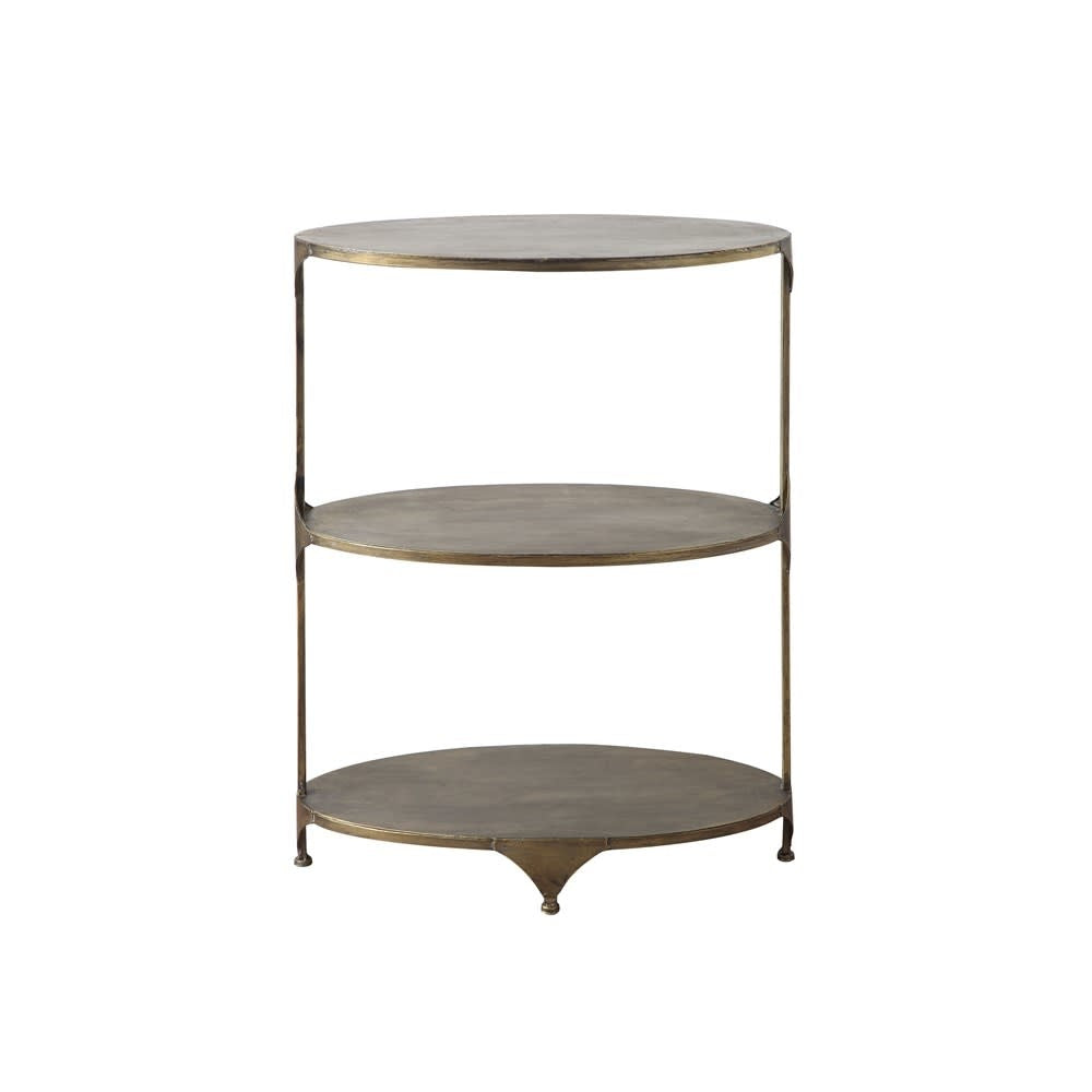 Oval 3-tier metal shelf with an antique gold finish and three storage levels.