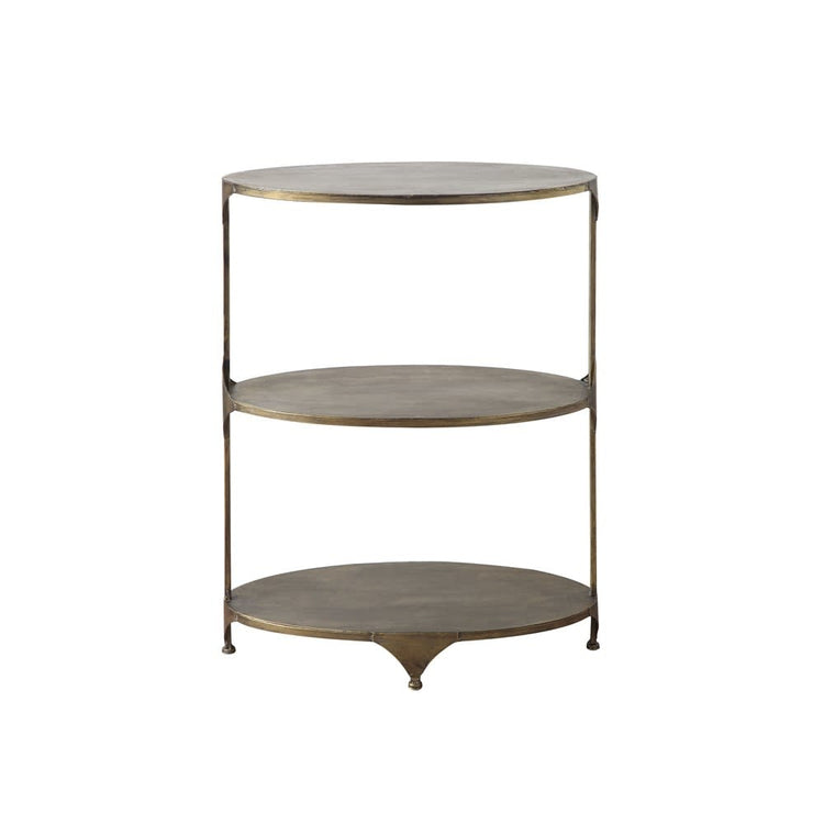 Oval 3-tier metal shelf with an antique gold finish and three storage levels.