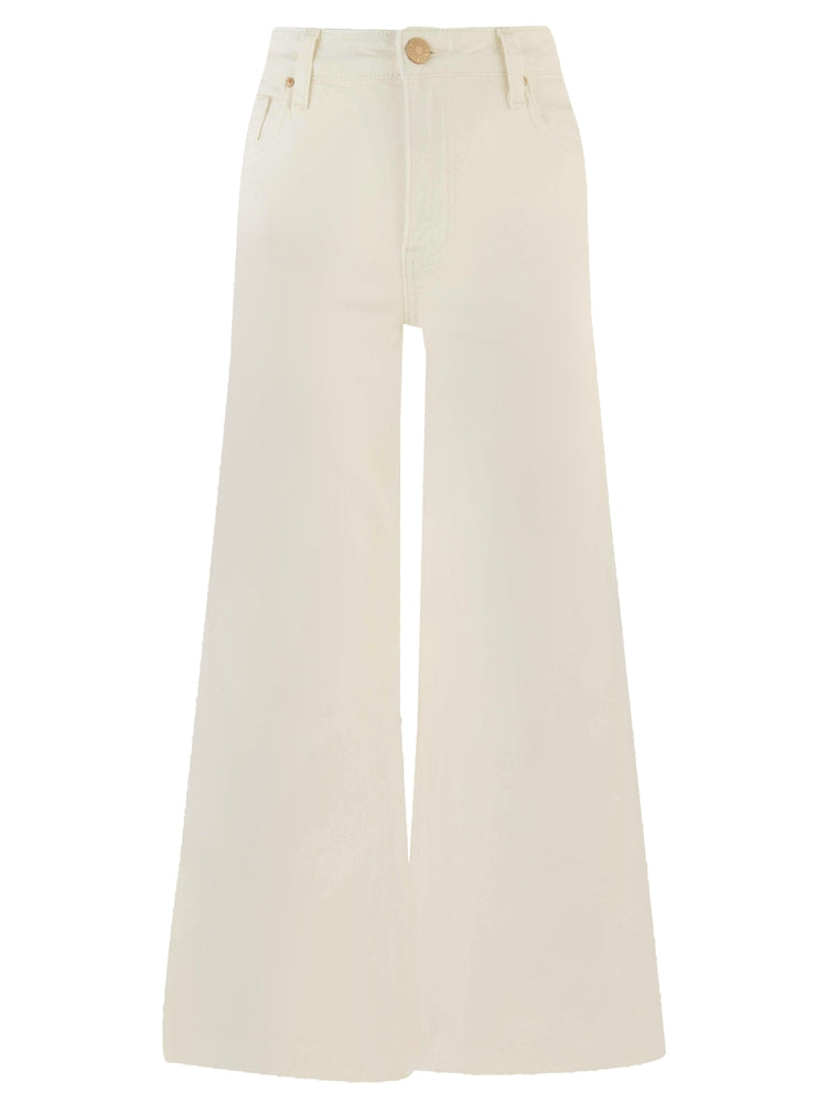 Off-white high-rise wide-leg jeans with a raw hem and gold-tone button closure.