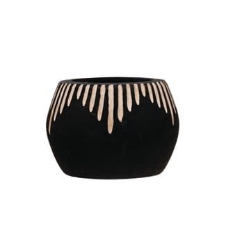 Paulownia Wood Planter with Carved Design, Charred Black Finish
