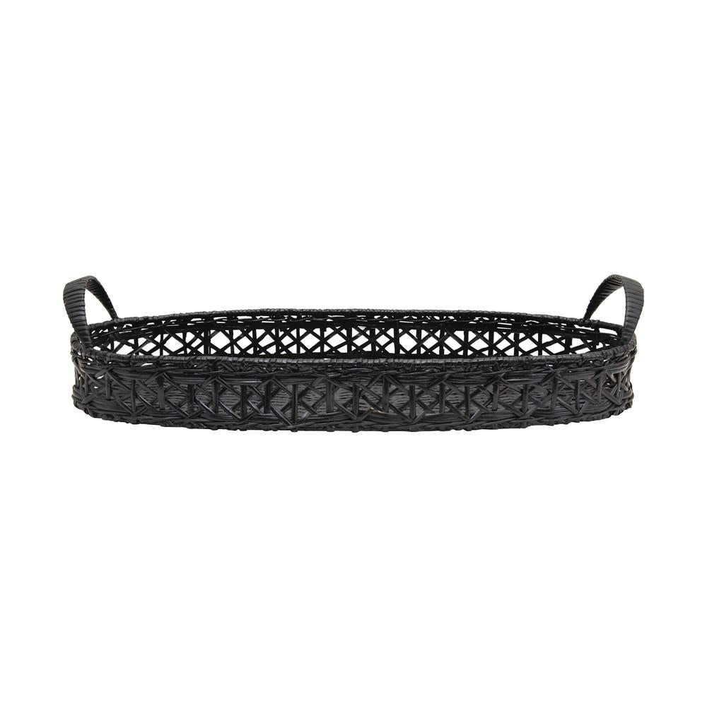 Black hand-woven rattan tray with handles