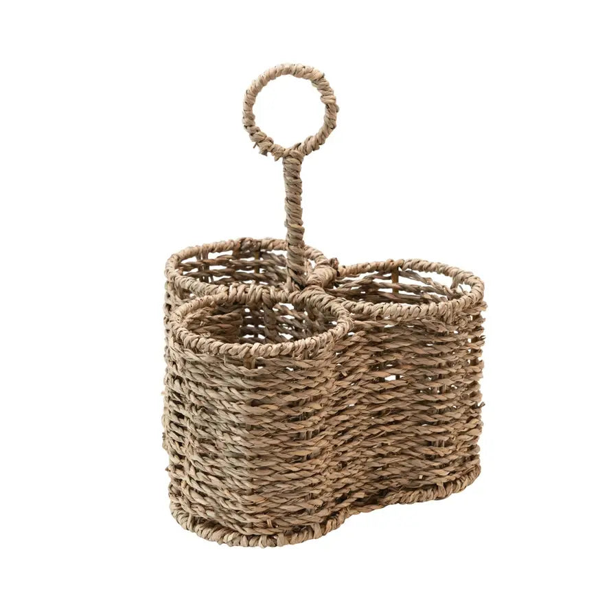 Round woven seagrass caddy with three compartments in natural tan color.