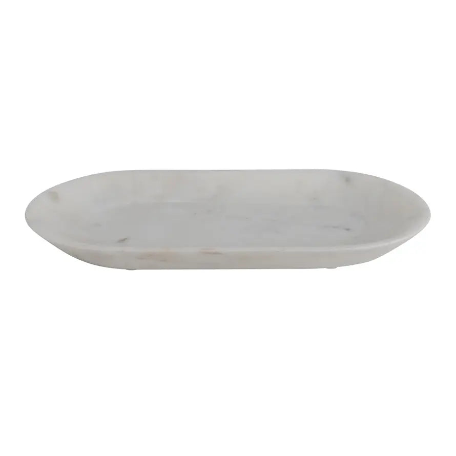 White oval marble serving tray with sleek natural stone finish