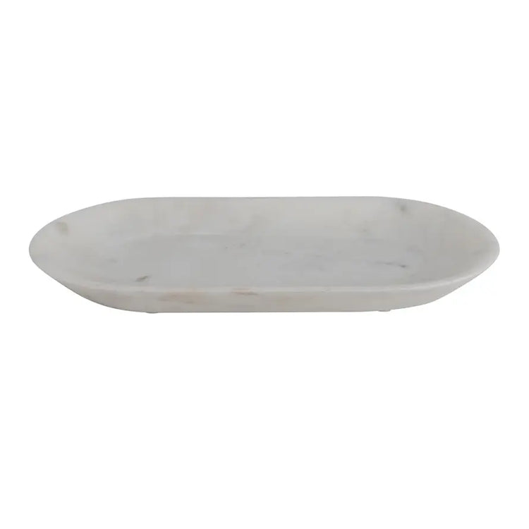 White oval marble serving tray with sleek natural stone finish