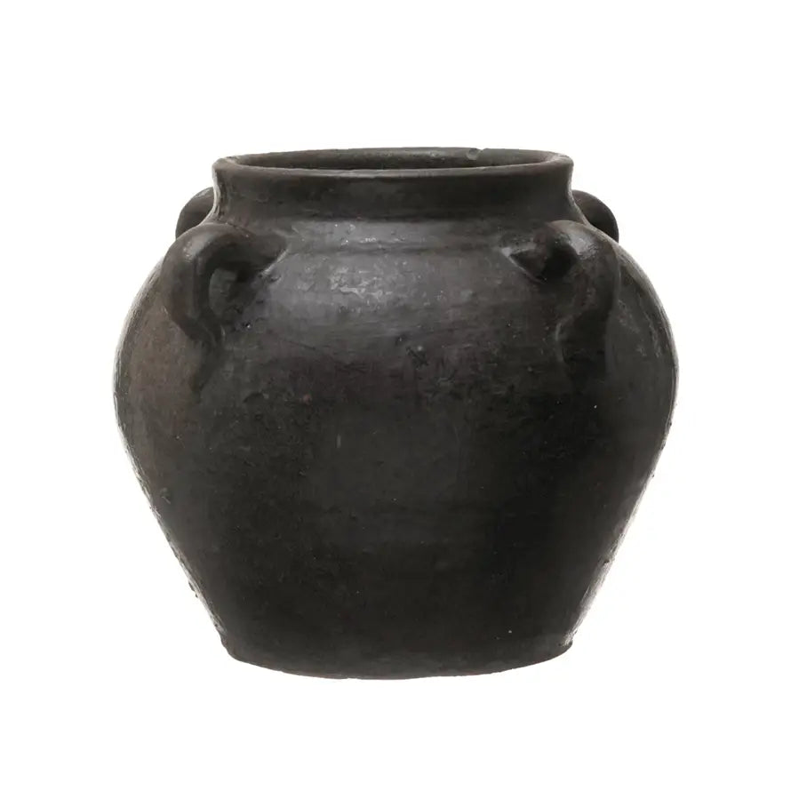 Found decorative clay jar with organic distressed finish
