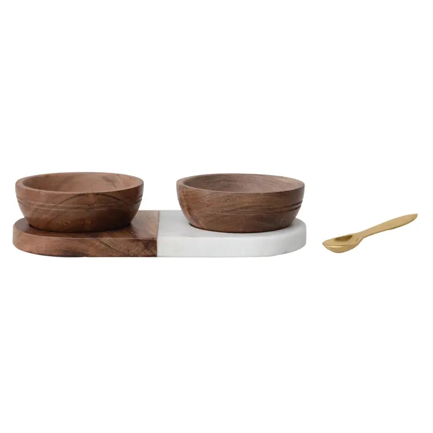 Marble tray with two acacia wood bowls and brass spoons