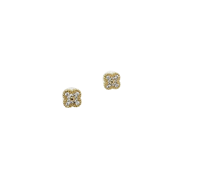 Gold-tone CZ four-leaf clover stud earrings with shimmering round cubic zirconia stones.