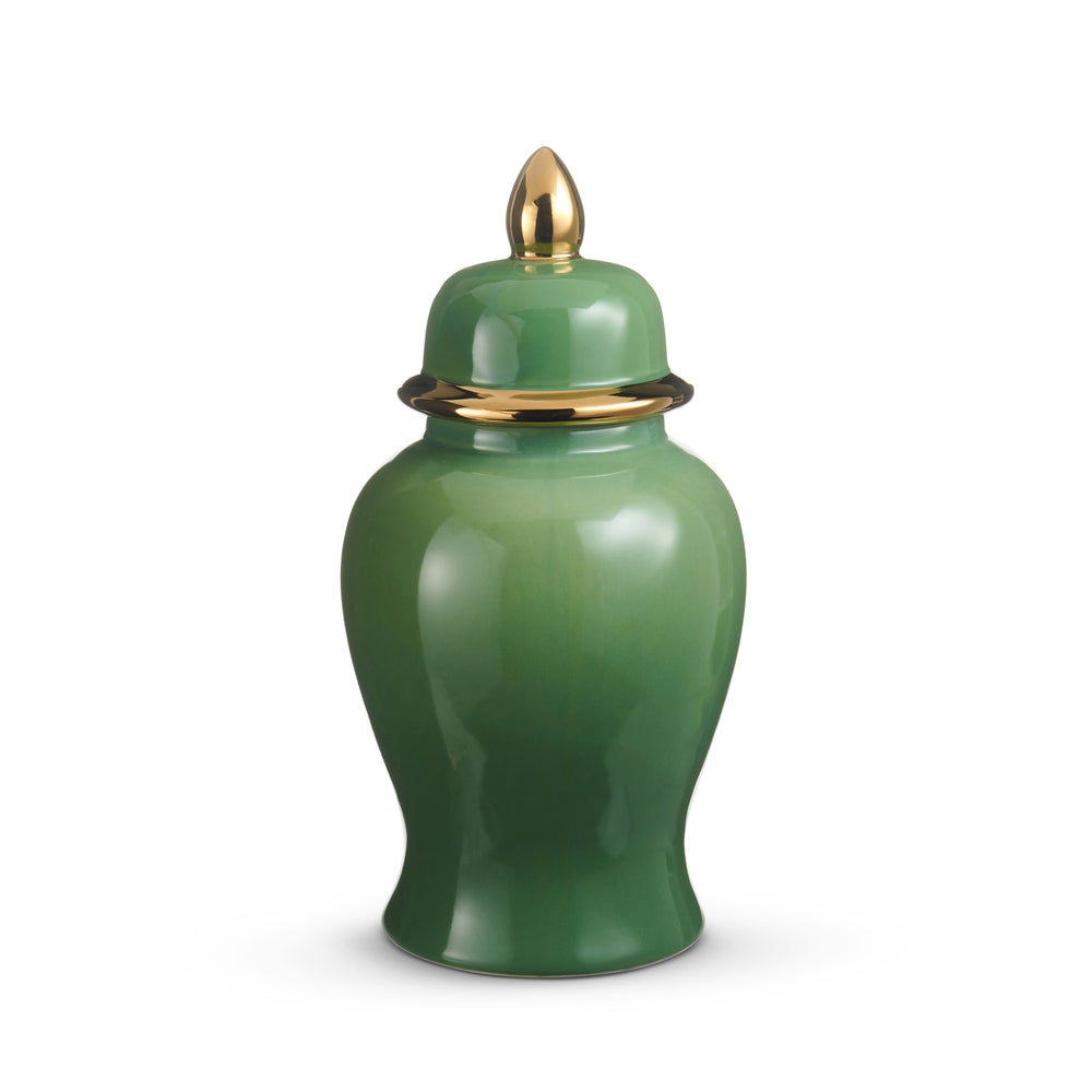 Green glazed clay ginger jar with gold accents measuring 14.5 inches tall.