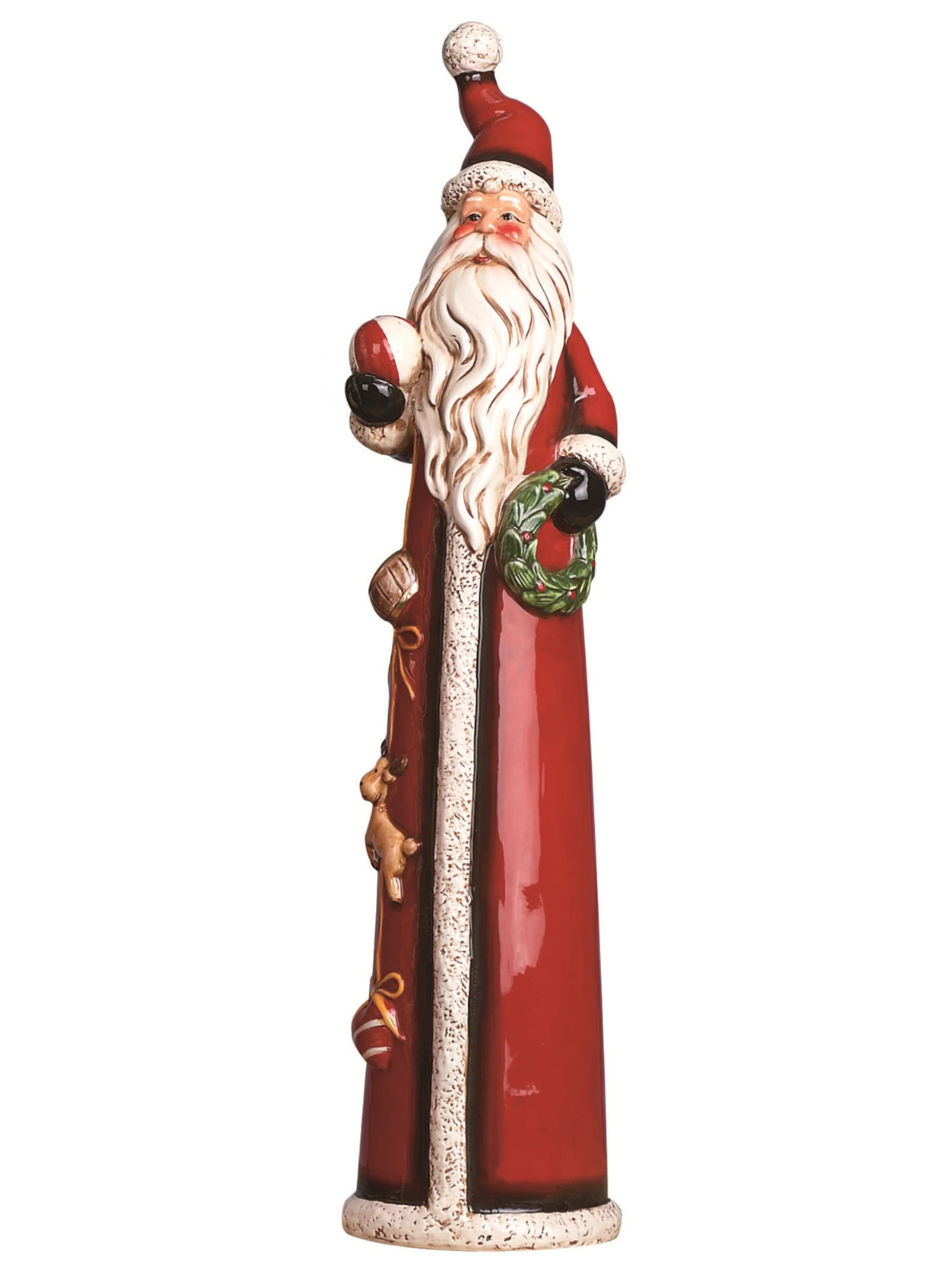 Tall, slender red dolomite Santa figurine holding a wreath and ball ornament with reindeer accents.